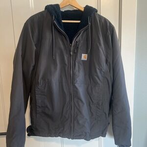 Carhartt Reversible Jacket Mens Medium GRAY Hooded Sherpa Lined Outdoor Rain